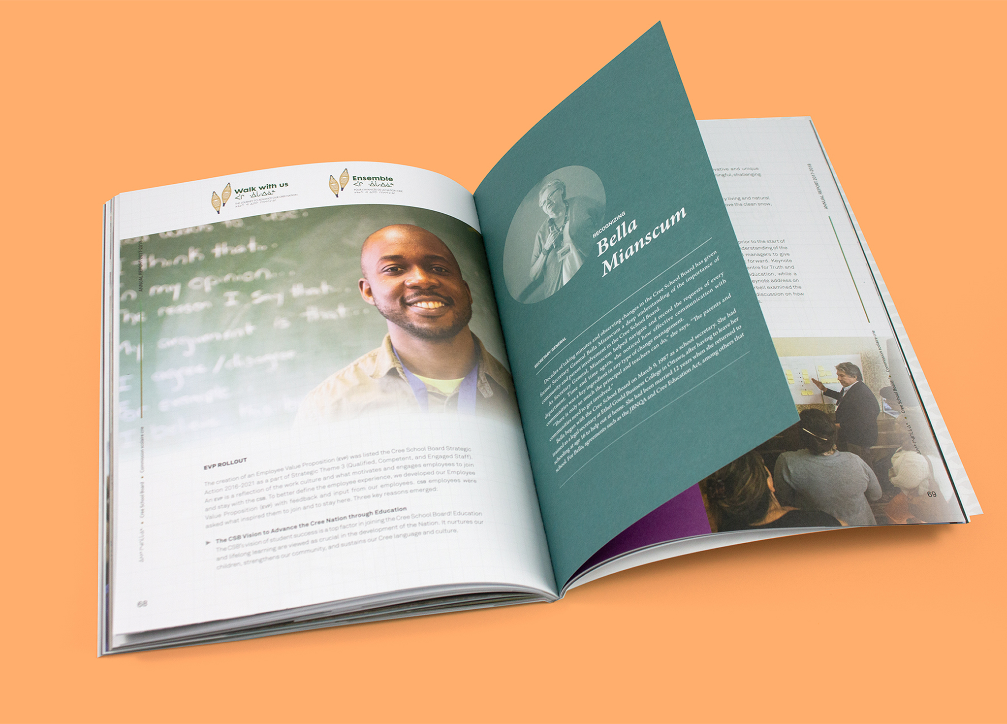 CSB_201718_Body-1 An open magazine on an orange background shows a smiling man on the left page and a teal profile page about