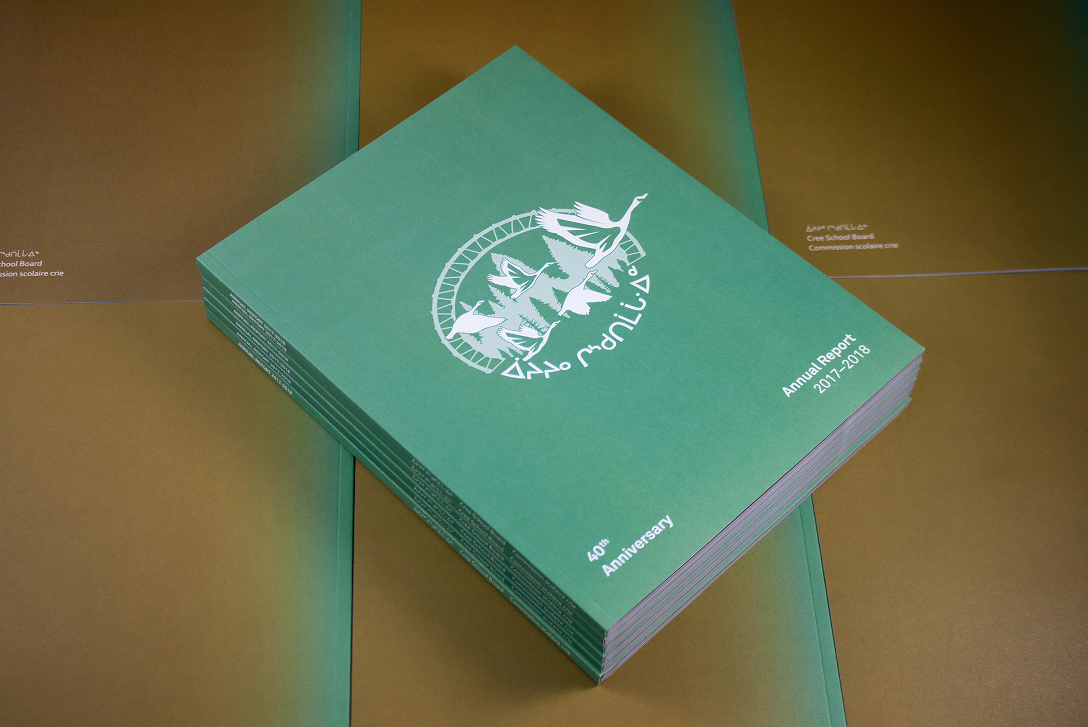 A green annual report booklet titled "40th Anniversary Annual Report 2017/2018" features a white illustration of birds and trees, stacked on a gold and green background.