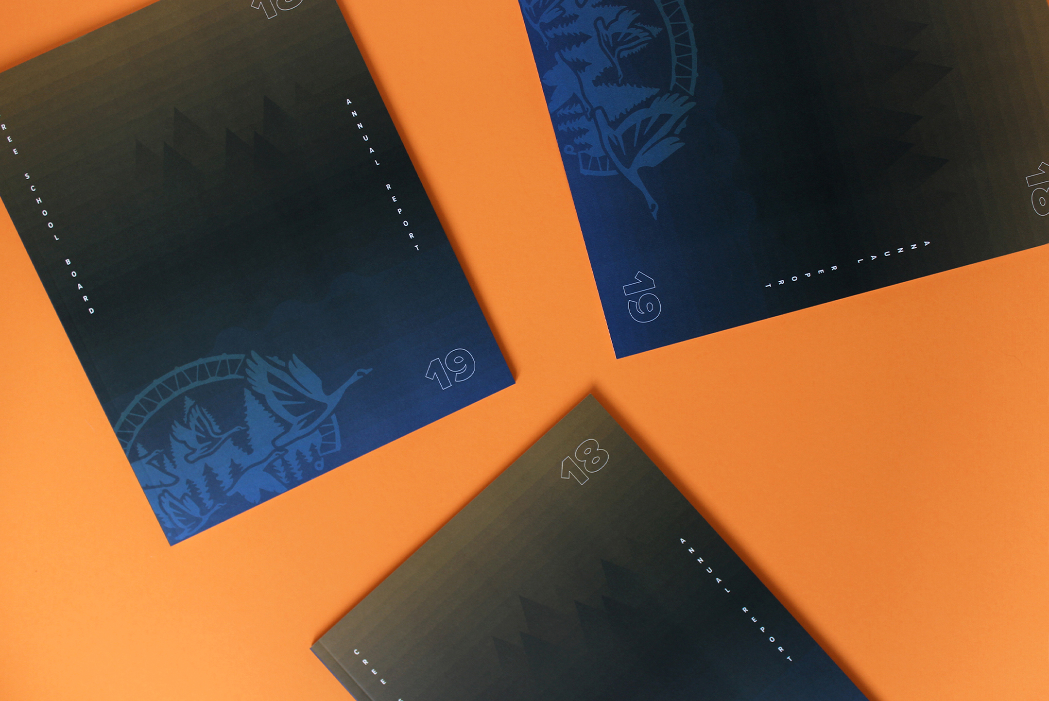 Three dark blue and green gradient booklets with subtle circular designs and the numbers 16, 18, and 19 in the corners are arranged on an orange surface.