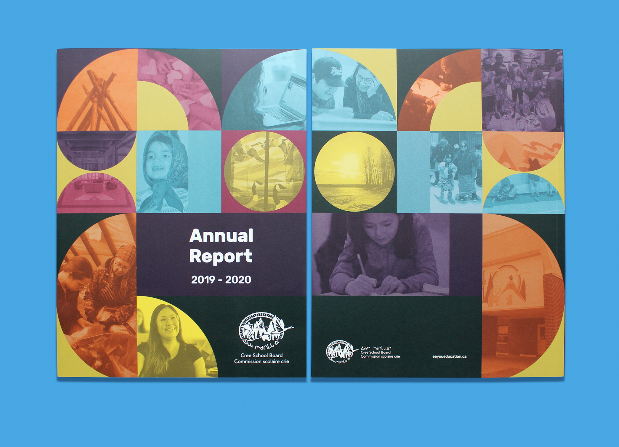 CSB_201920_Body-1 Cover of a 2019–2020 Annual Report for the Cape School Board, featuring a collage of circular and square photos of people, landscapes, and activities in purple, orange, blue, and yellow tones on a blue background.