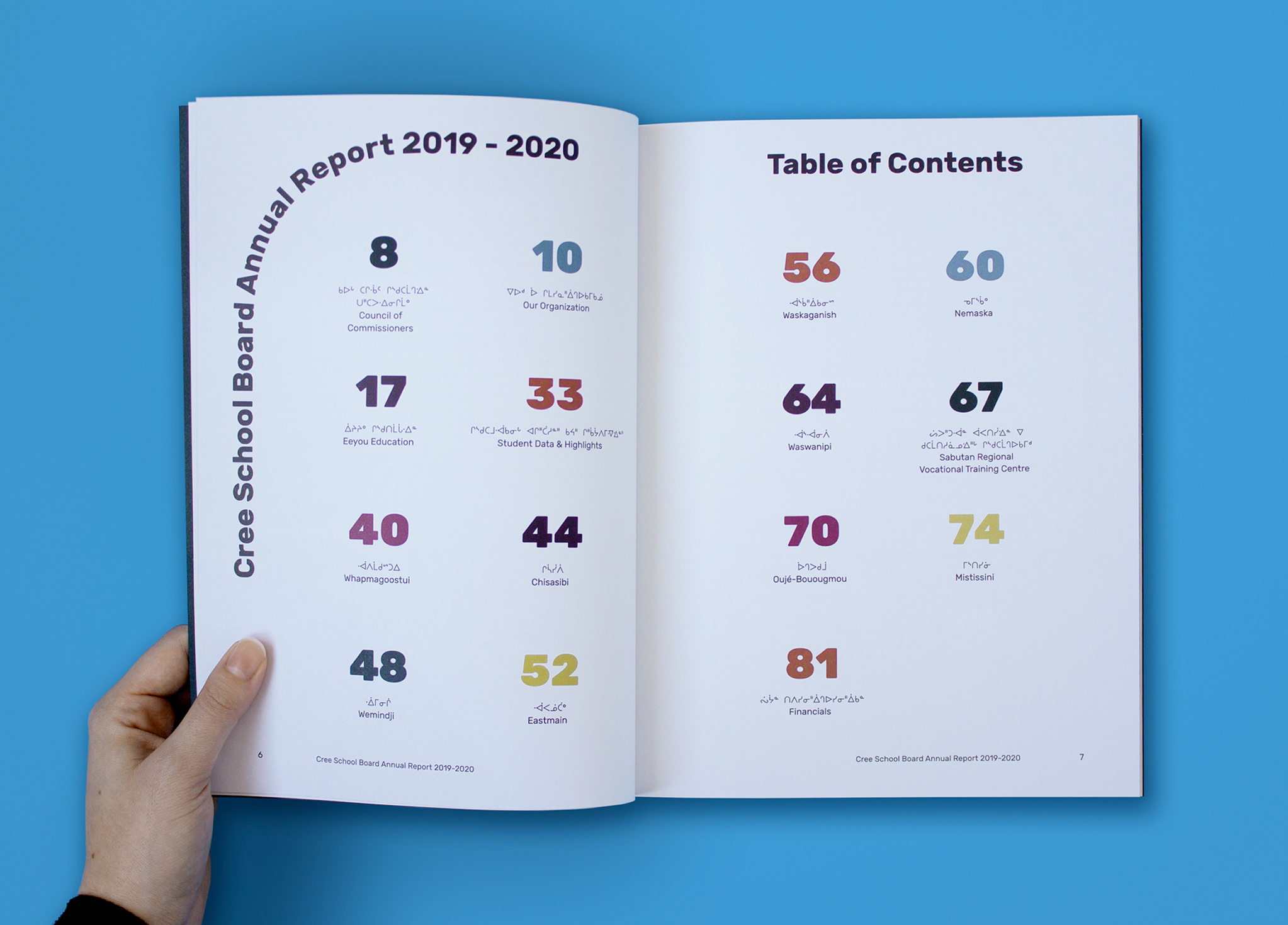 CSB_201920_Body-4 A hand holds open a Cree School Board Annual Report 2019–2020. The left page shows the report title vertically, the right page lists the Table of Contents with bold page numbers and section titles in English and Cree syllabics.