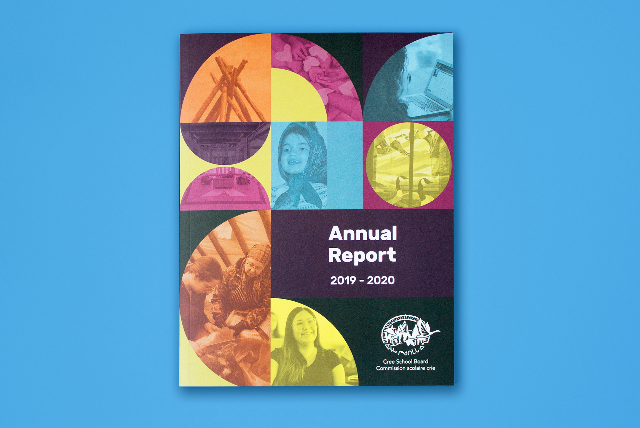 Cover of a 2019-2020 annual report, featuring colorful geometric shapes and photos of people, a tipi, and cultural objects, with the “Cree School Board” logo in the lower right corner on a blue background.