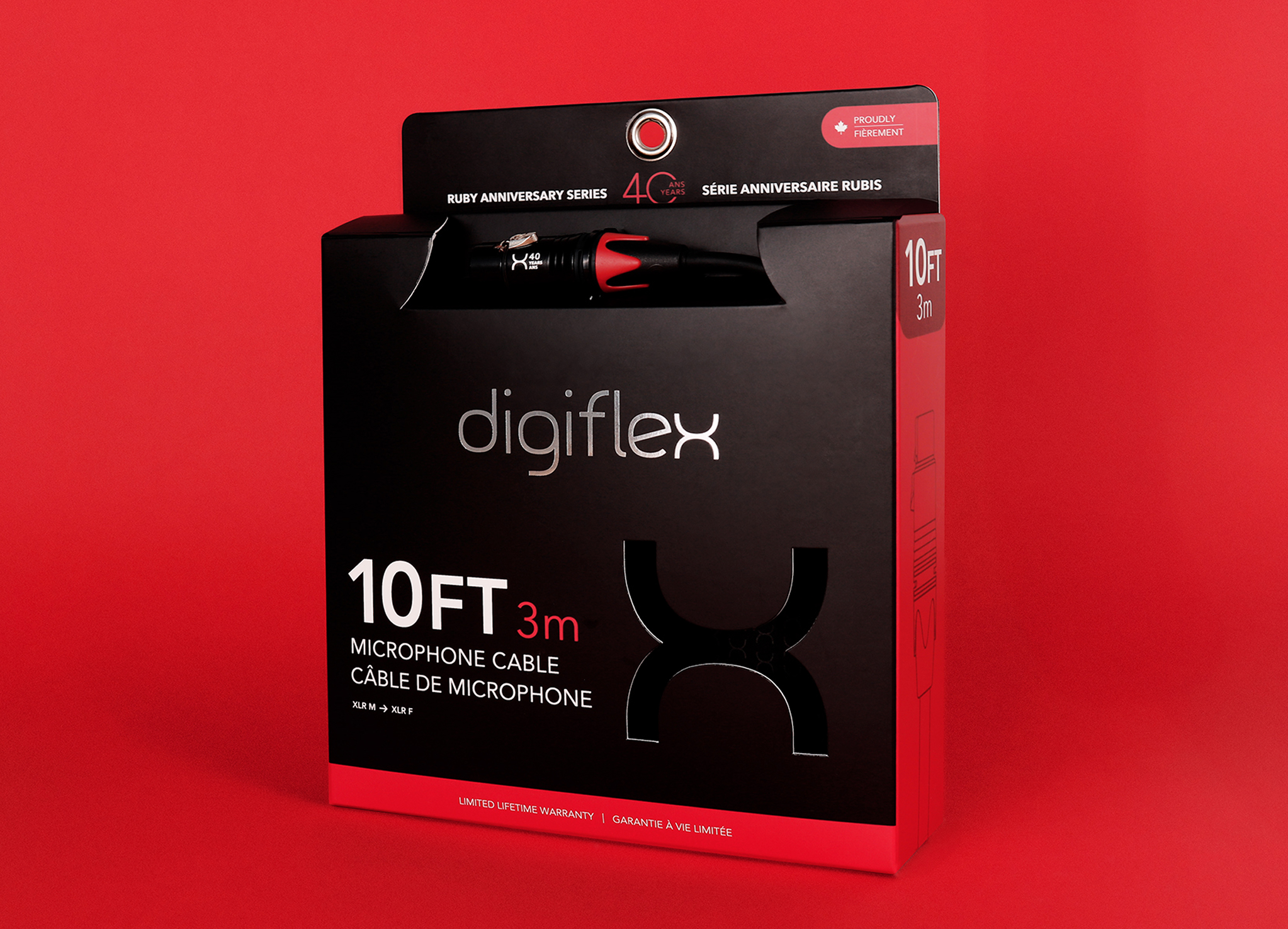 Digiflex-1 A black and red Digiflex microphone cable box is displayed against a solid red background. The packaging highlights a 10 ft (3 m) cable and features Ruby Anniversary Series branding in English and French.