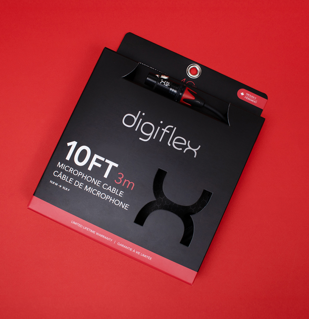 Digiflex-2 A black Digiflex 10FT (3m) microphone cable package with a visible XLR connector, displayed on a solid red background.