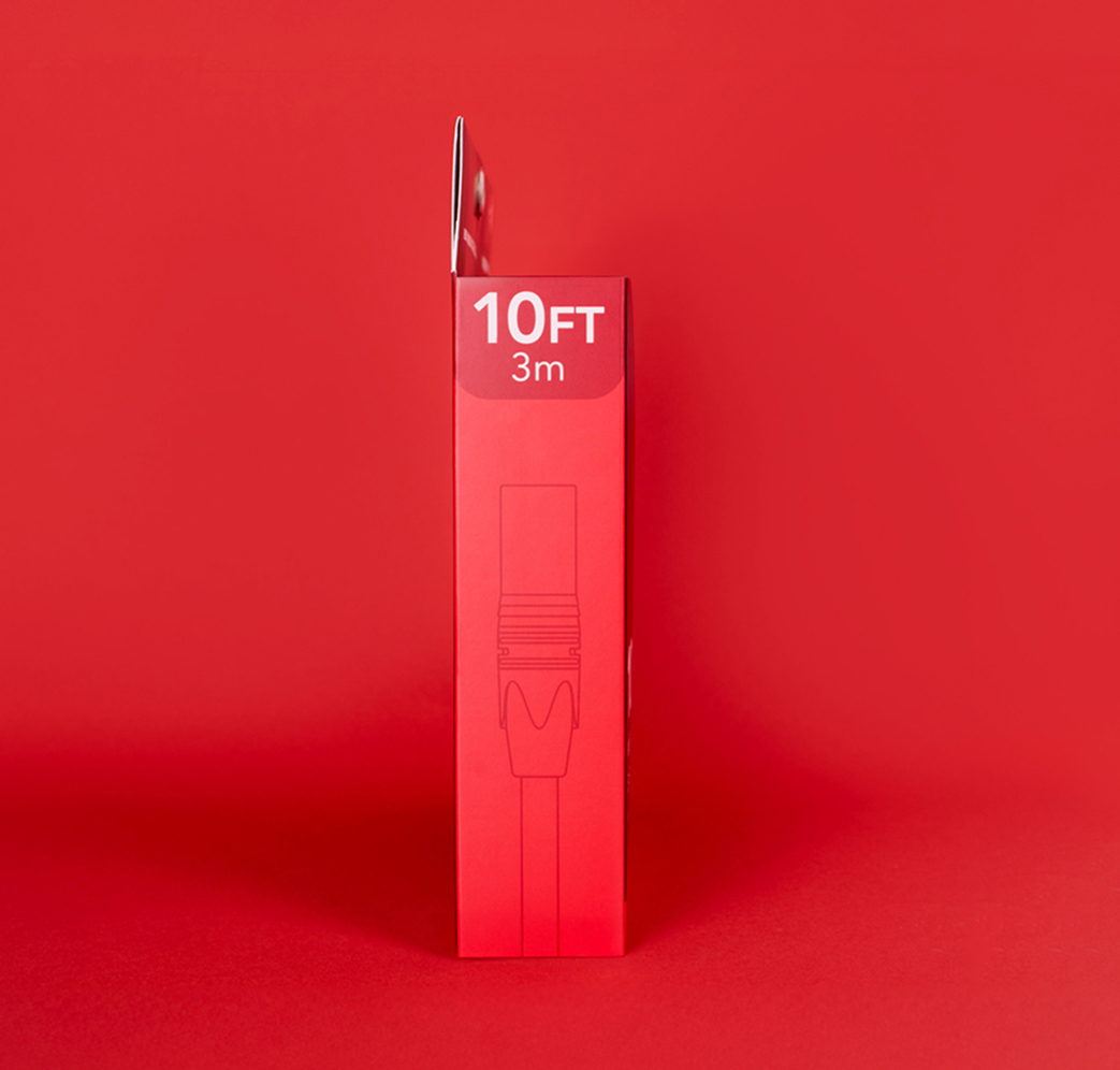 Digiflex-5 A red product box standing upright against a red background, showing “10 FT” and “3 m” in white text on the side, with a faint outline of a cable printed below the text.
