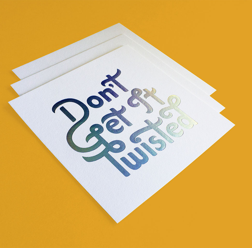 DontGetitTwisted_HolidayCard_3 Three white square cards with colorful gradient text that reads