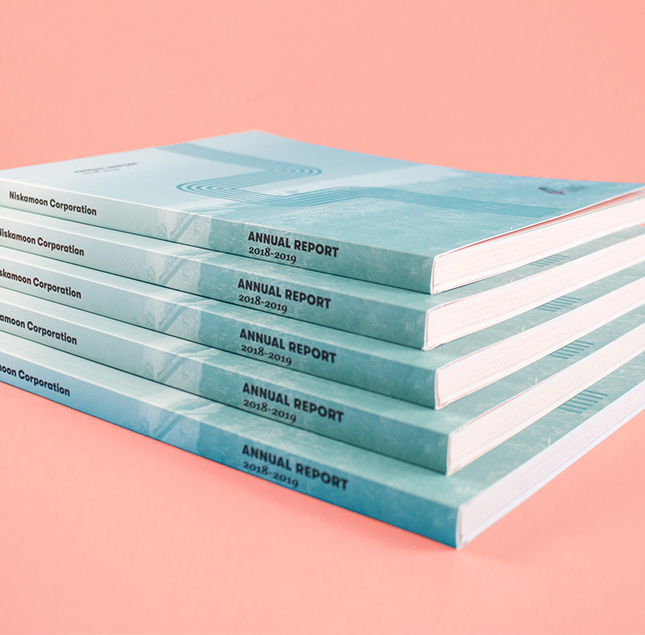 A stack of five light blue annual report booklets labeled
