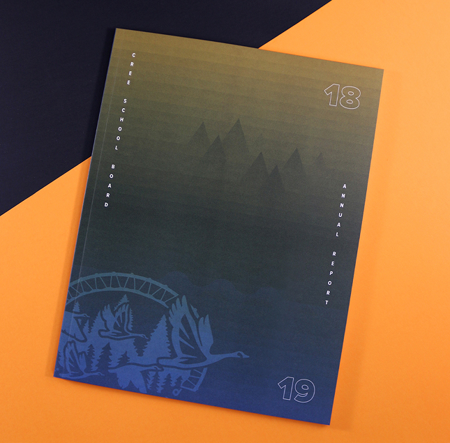 A gradient annual report cover for Cree School Board, featuring subtle mountain and bridge illustrations, a flying goose, and the text