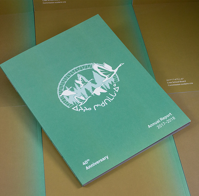 A teal-colored annual report booklet with white text and a circular illustration of birds, trees, and water on the cover. The booklet reads “40th Anniversary, Annual Report 2017–2018.”.