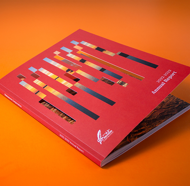 A red annual report with abstract rectangular designs on the cover lies on an orange surface. The text on the cover reads