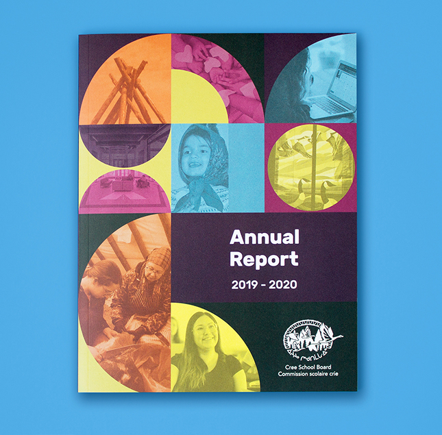 Annual Report 2019–2020 cover with colorful circles featuring images of people, a tipi, children, and a laptop, against a blue background. Cree School Board logo appears at the bottom.