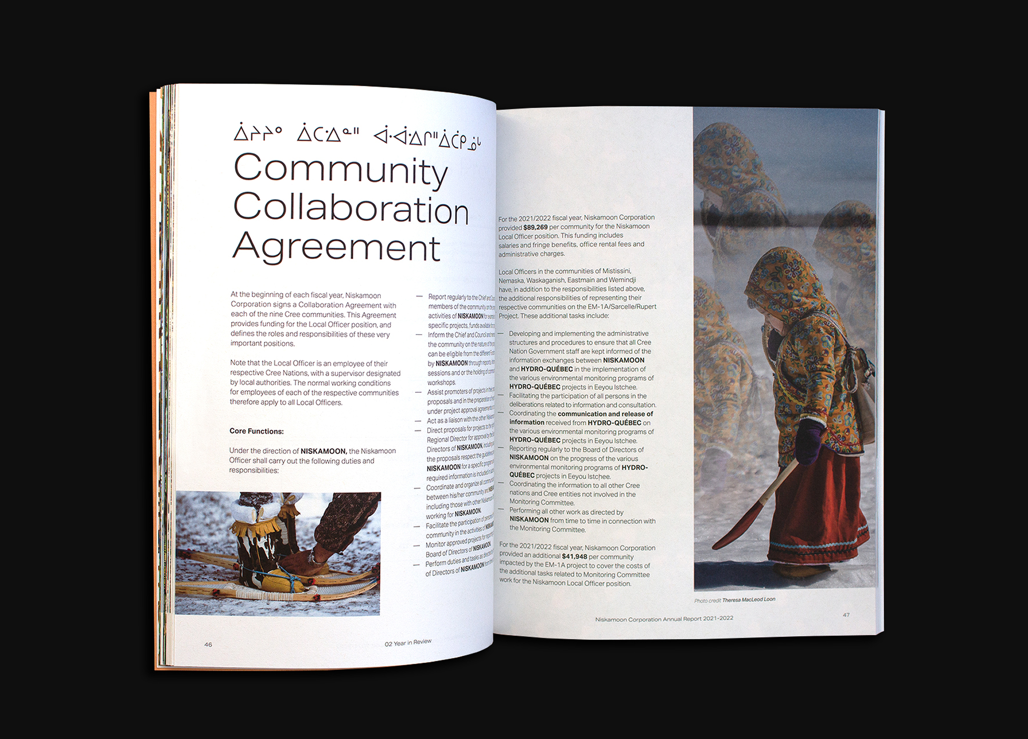 Niskamoon_202122-7 An open magazine shows a “Community Collaboration Agreement” with text, a photo of two hands tying rope, and an image of a person in winter clothing holding a red sled in a snowy landscape.