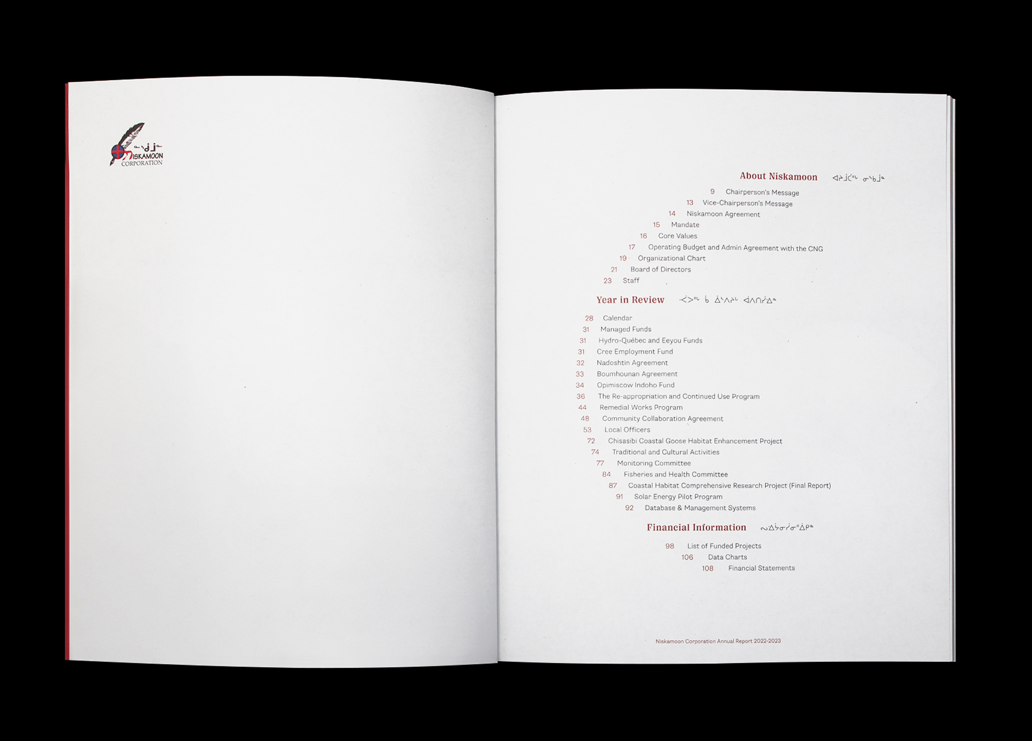 Niskamoon_202223-4 Open annual report showing a table of contents. Sections include About Sakneen, Year in Review, and Financial Information, with subsections listed and page numbers on the right. Sakneen logo is in the top left corner.