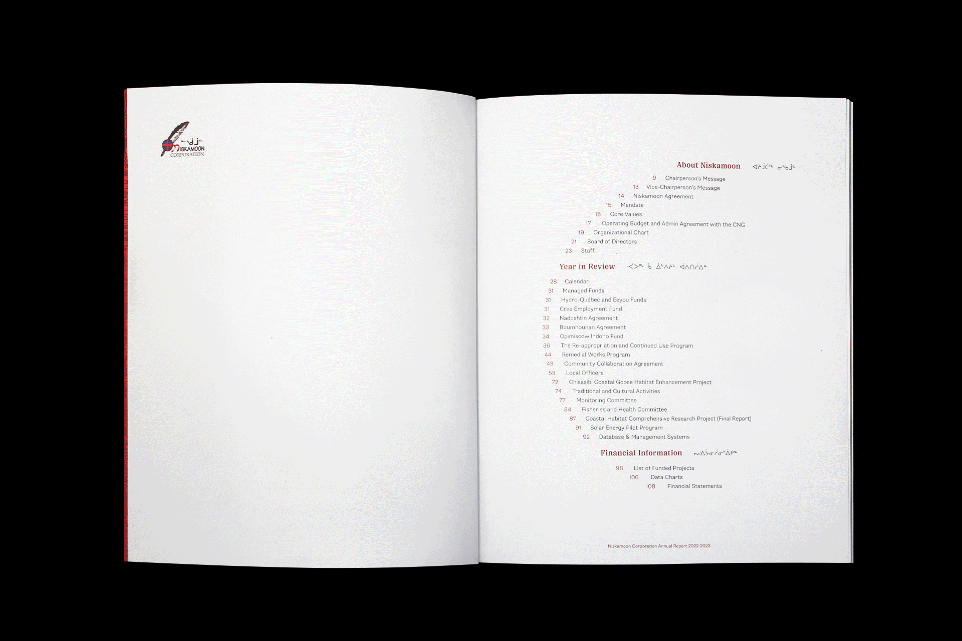 Niskamoon_202223-7 An open booklet displays a table of contents in both Arabic and English, listing sections like