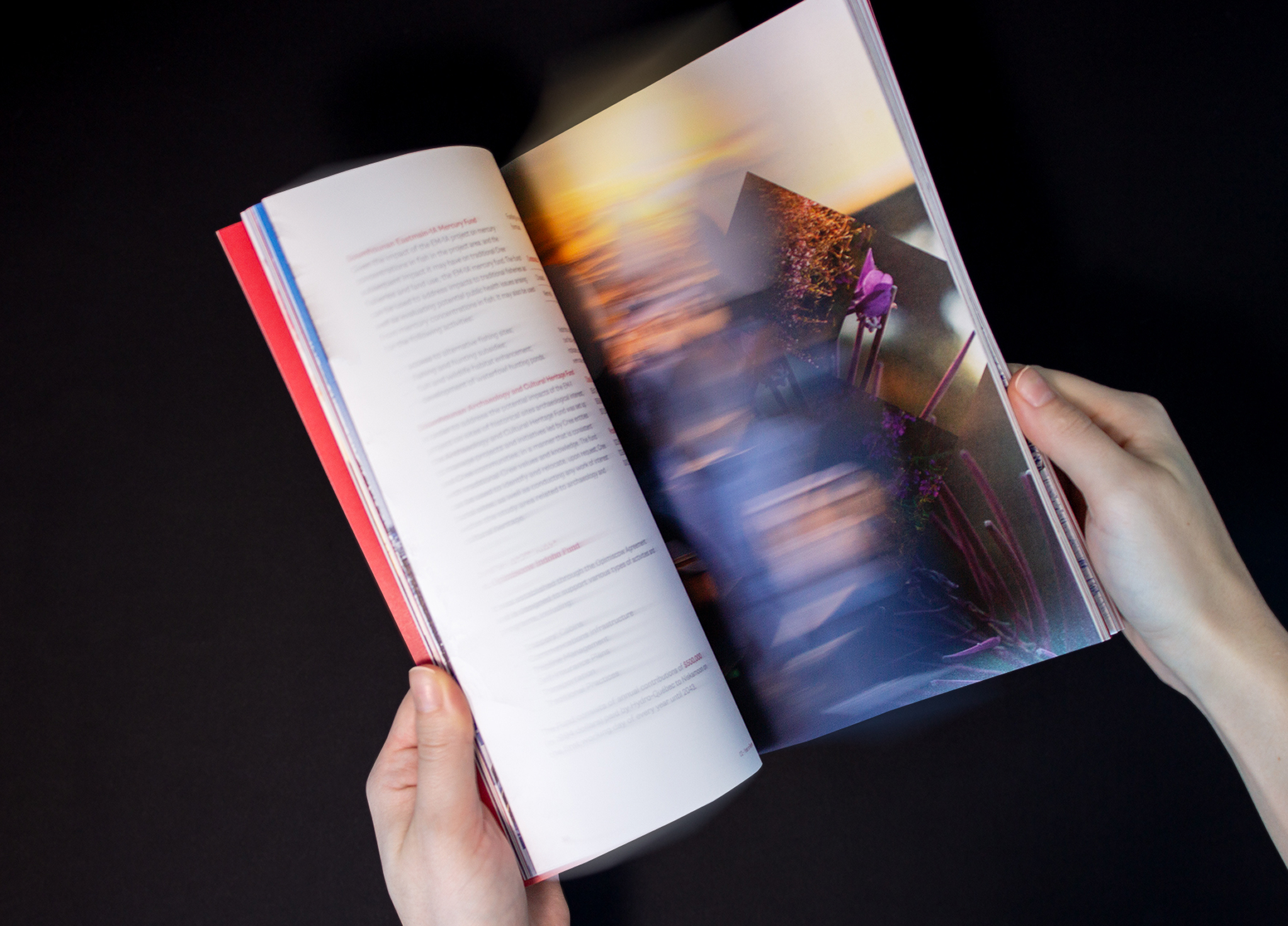 Niskamoon_202223-7 A person holds an open book against a black background; one page has blurred text, and the other shows a colorful, abstract, and blurry photograph.