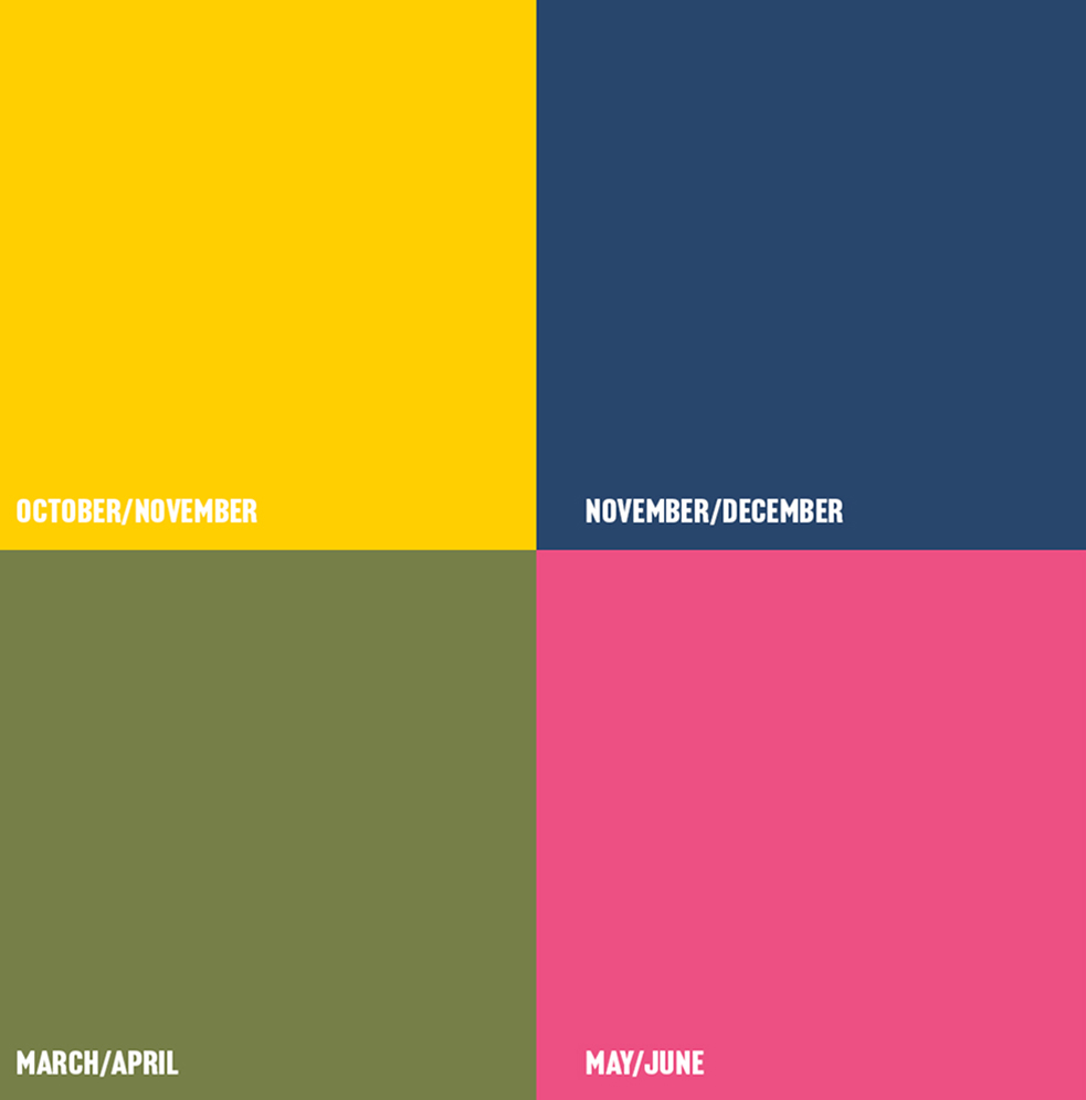 Segal_202324-2 A square divided into four colored quadrants labeled by months: yellow (October/November), dark blue (November/December), olive green (March/April), and pink (May/June).