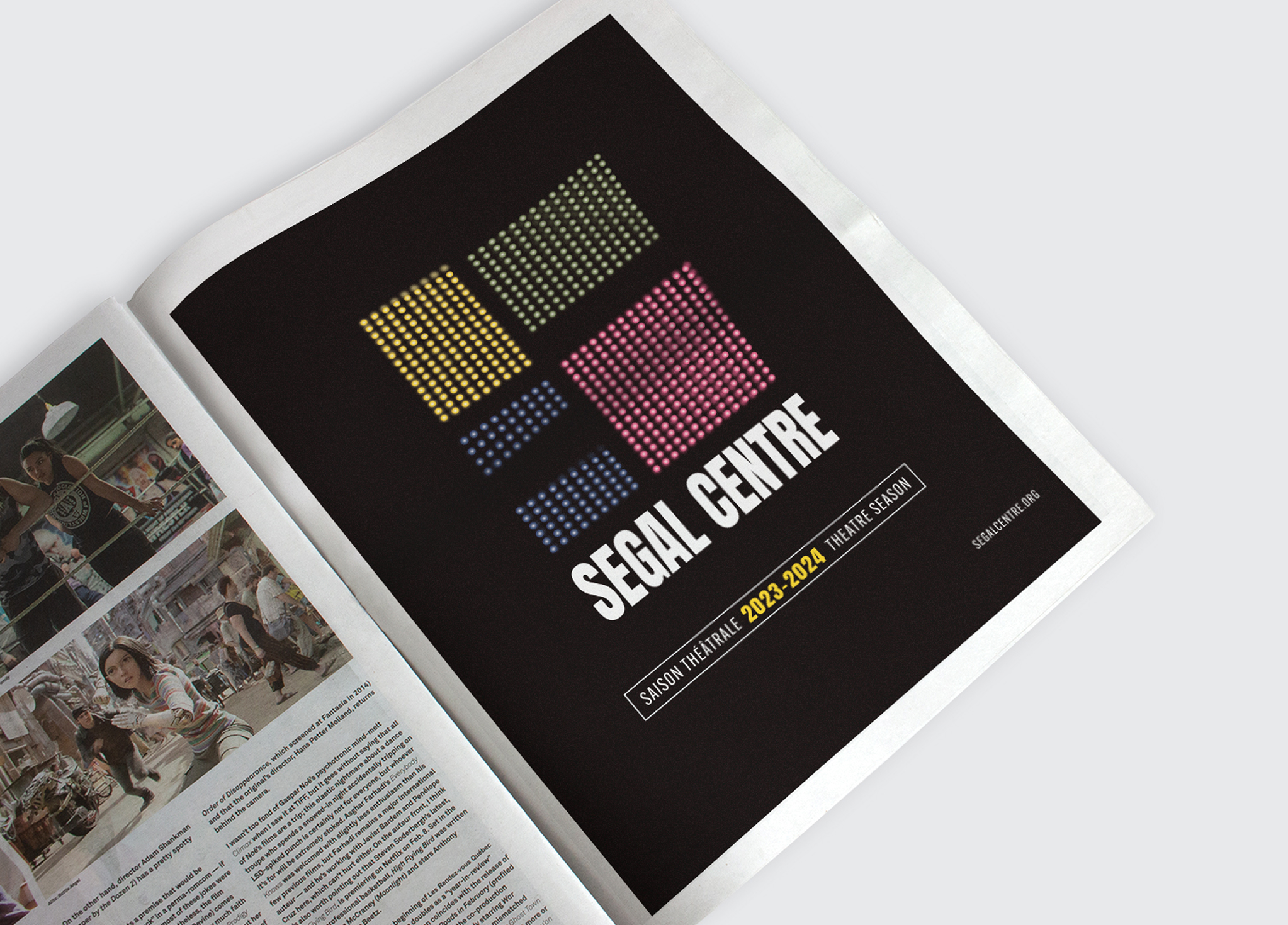 Segal_202324-3 A newspaper spread featuring an ad with colorful square patterns and the text