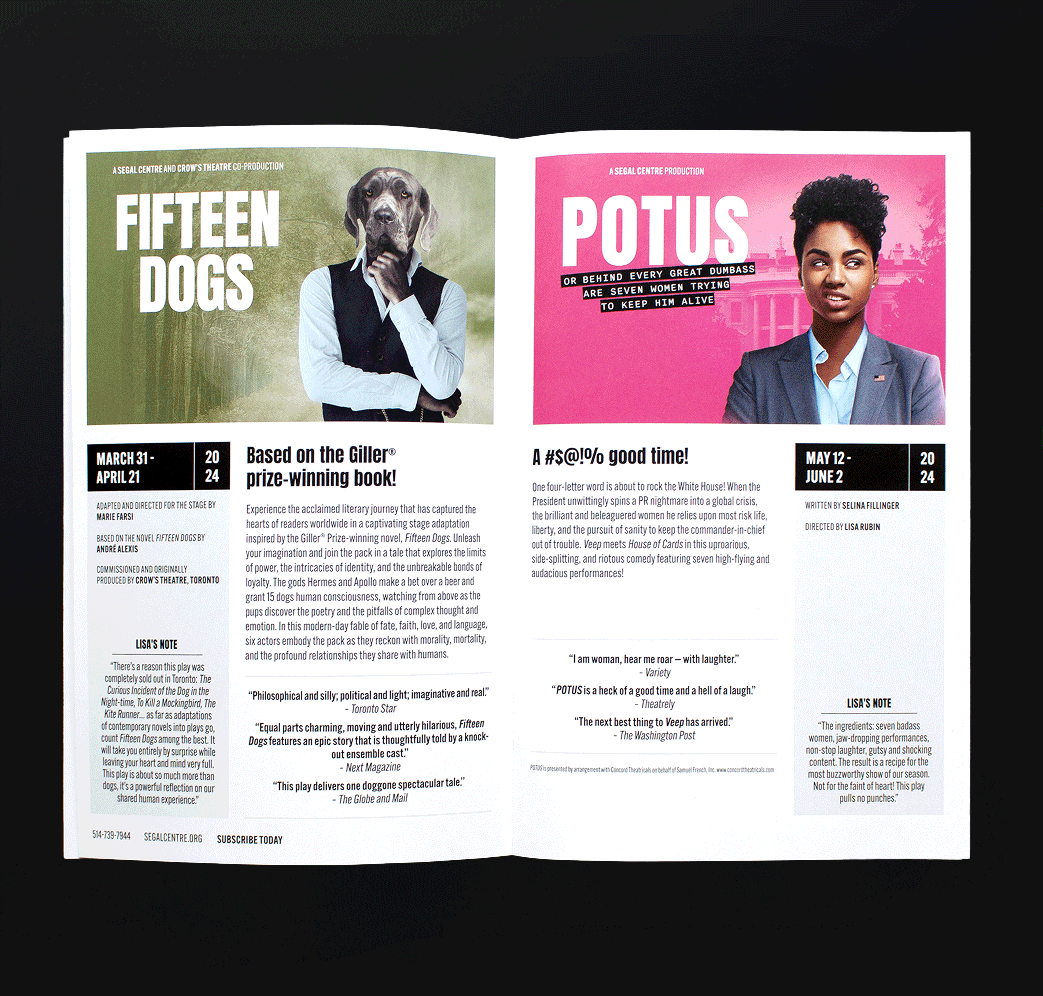 Segal_202324-9 An open magazine spread features two pages advertising theater productions: “Fifteen Dogs” with a dog-headed man in a suit on a green background, and “POTUS” with a woman in a suit on a pink background. Show dates and summaries are included.