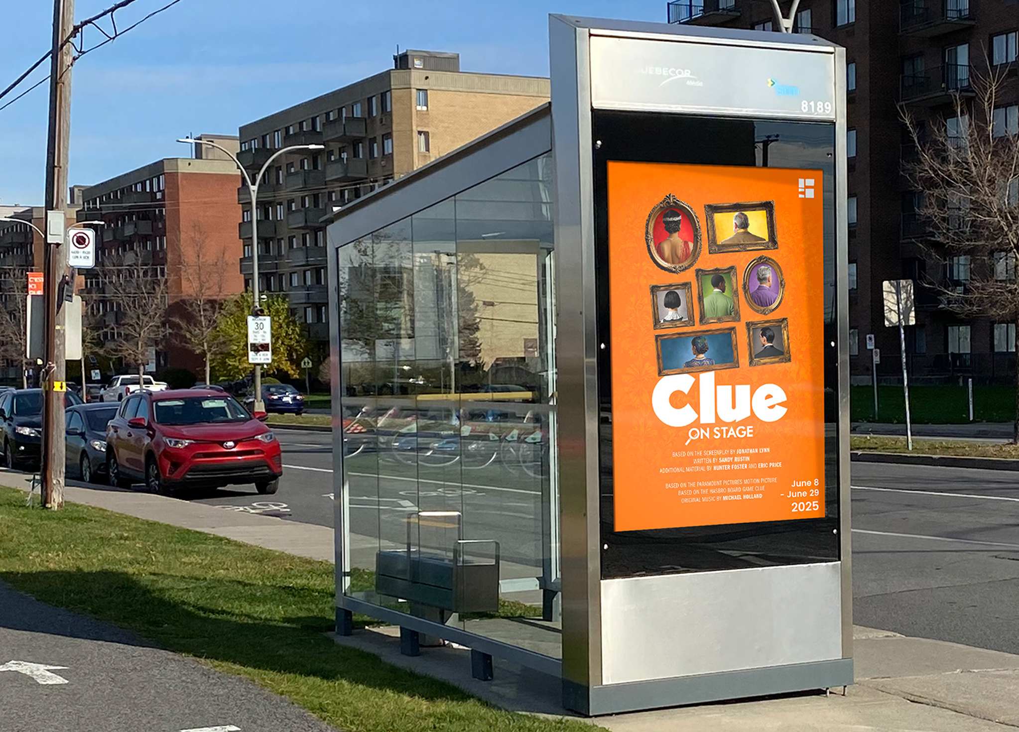 Segal_202425-8 A glass bus shelter beside a city street displays a bright orange poster advertising
