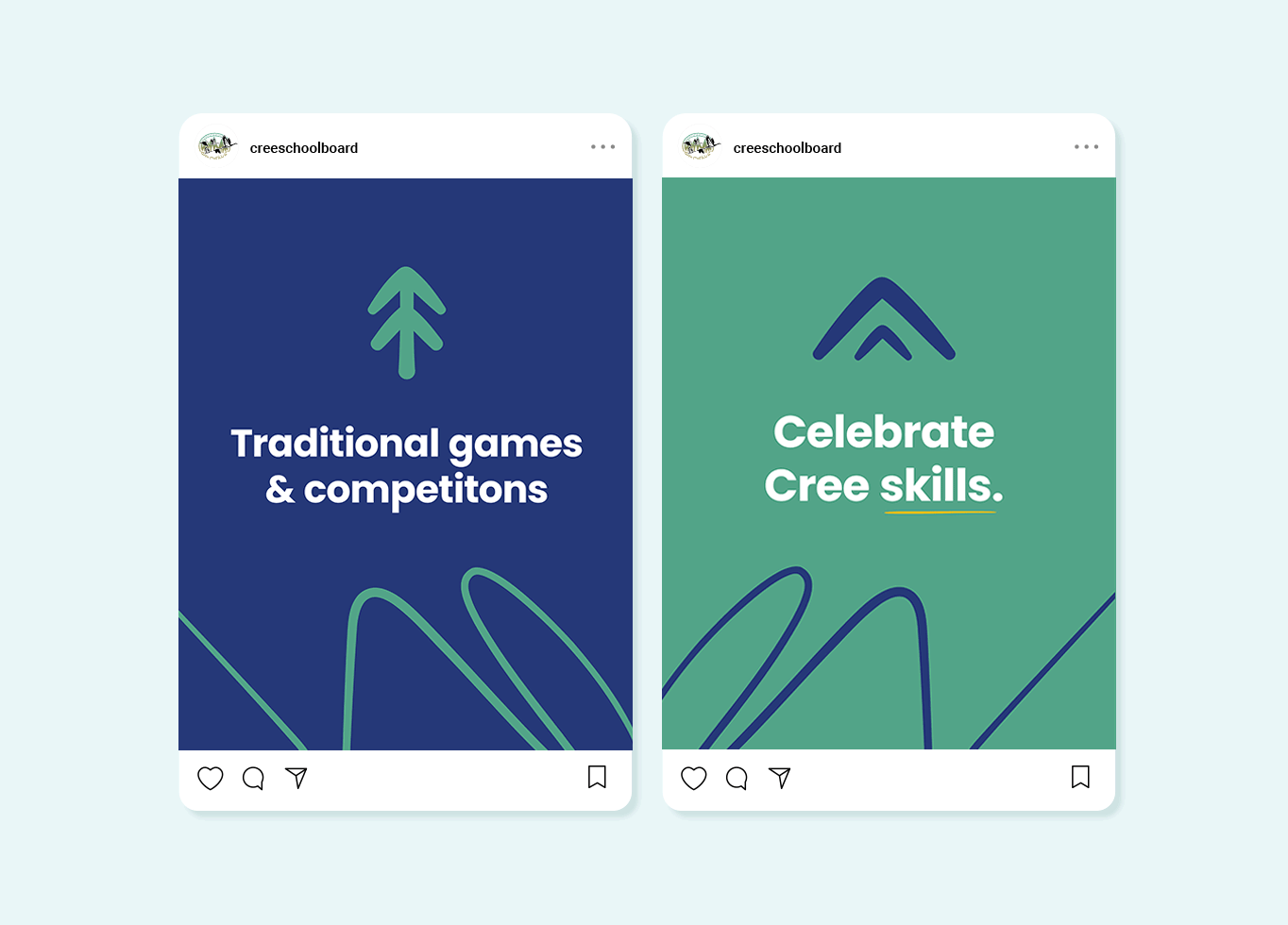 Two social media posts with simple graphics and text. The first says