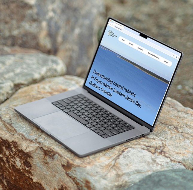 A laptop sits on a large rock outdoors, displaying a website about understanding coastal habitats in Eeyou Istchee, eastern James Bay, Québec, Canada. The screen shows a banner image of water and sky.
