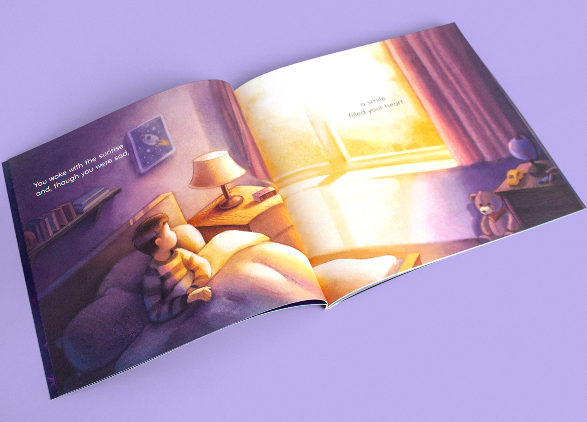 An illustrated children’s book open to pages showing a child waking up in bed as sunlight streams through a window, with a teddy bear on a chair nearby and warm, cozy colors throughout the scene.