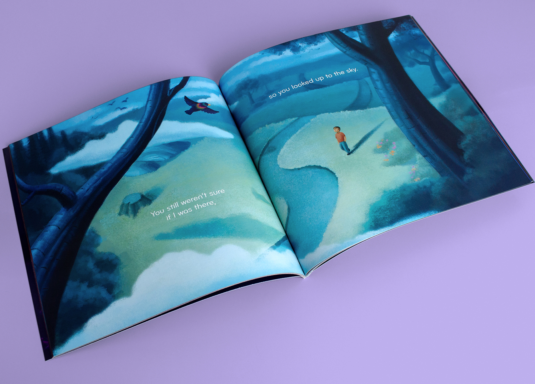 A children's book is open to an illustrated page showing a child standing at a fork in a winding path surrounded by blue-green trees and grass. A bird flies overhead. Text reads: