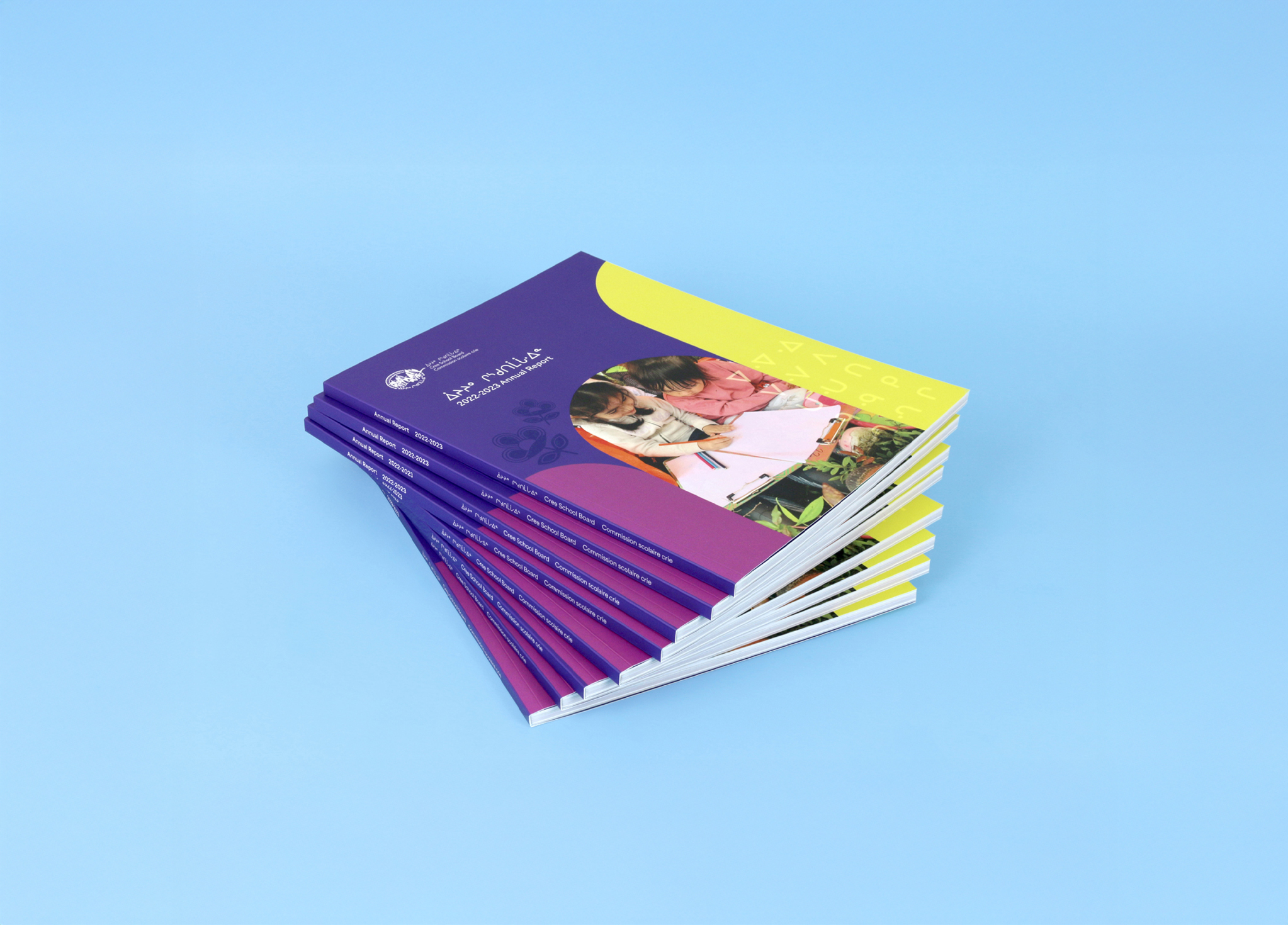 A stack of colorful textbooks with purple, yellow, and pink covers, featuring an image of two children reading, is arranged neatly on a light blue background.