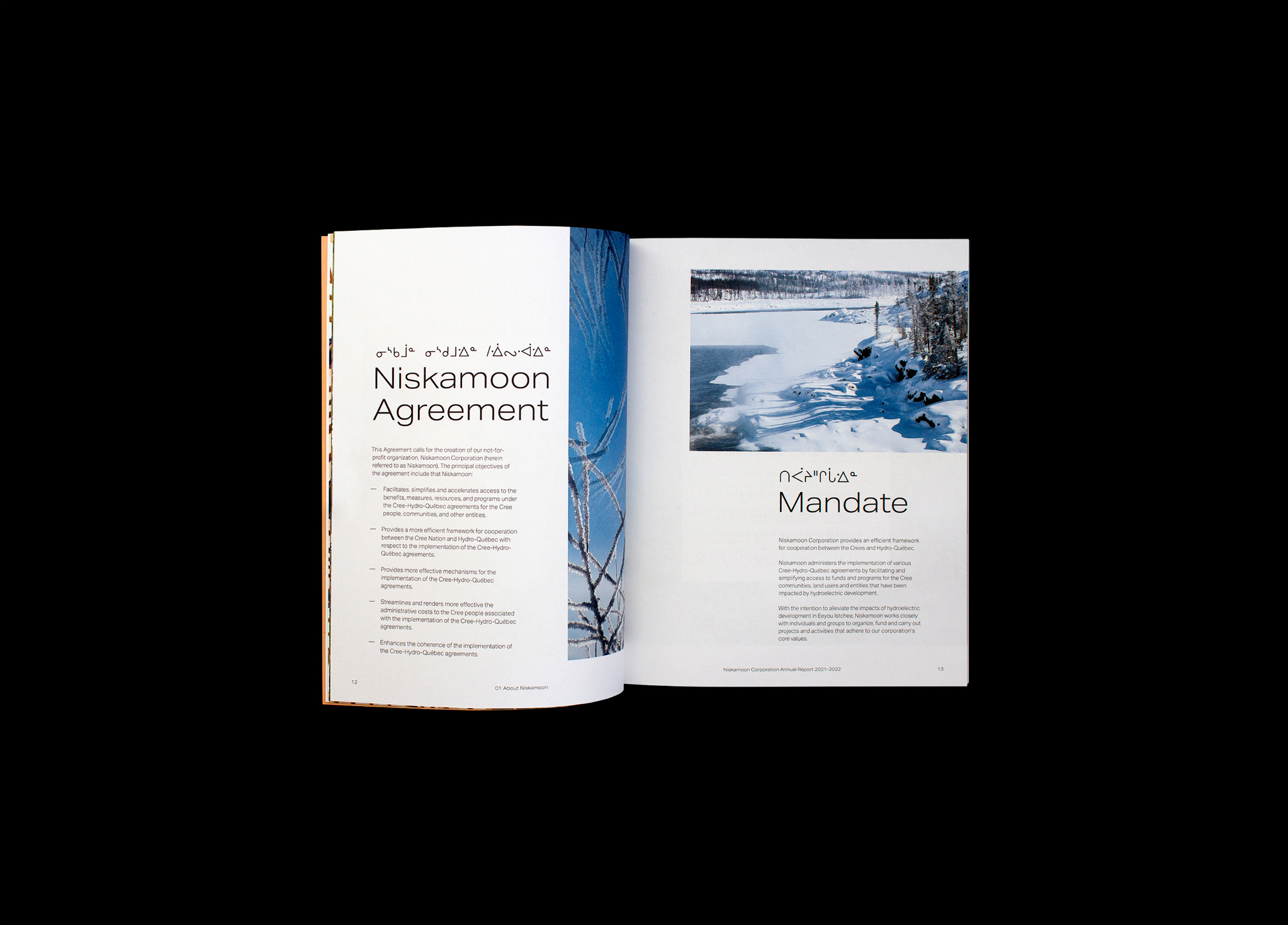An open booklet displays two pages. The left page is titled "Niskamoon Agreement" with a photo of tree branches, and the right page is titled "Mandate" with a scenic winter riverside photo. Both pages include body text.