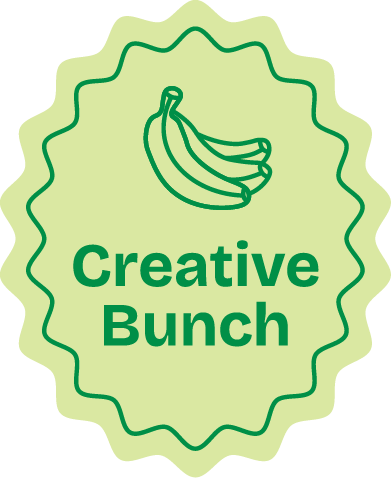 A green badge with a line drawing of three bananas at the top and the words “Creative Bunch” written below on a light green, wavy-edged background.