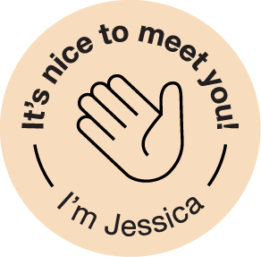 A beige circular badge with a simple black outline of a waving hand in the center. Text around the hand reads: "It's nice to meet you! I'm Jessica.