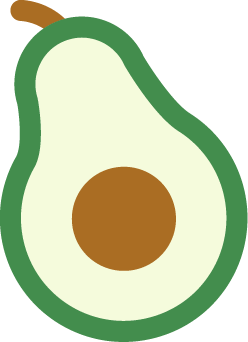 A simple, flat illustration of a halved avocado with a green outline, light green flesh, a brown seed in the center, and a small brown stem at the top.
