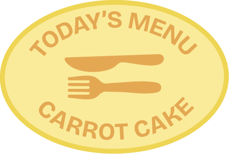 Yellow oval sign with the text "TODAY'S MENU CARROT CAKE" and simple images of a fork and knife in the center.