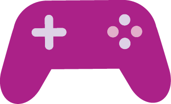 A simple illustration of a purple game controller with a cross-shaped directional pad on the left and four circular buttons on the right.