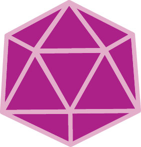 A purple icosahedron shape with pink outlines, featuring twenty triangular faces and straight edges, resembling a geometric die often used in tabletop games.
