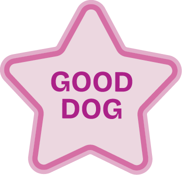 A pink star-shaped badge with a darker pink outline and the words "GOOD DOG" written in bold, purple letters in the center.