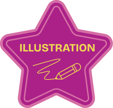 A purple star-shaped badge with a yellow outline of a pencil drawing a line and the word "ILLUSTRATION" written above it in yellow.