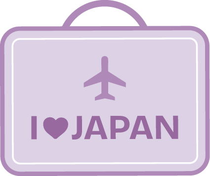 A purple suitcase icon with an airplane above the words "I ♥ JAPAN," where the heart symbol replaces the word "love.