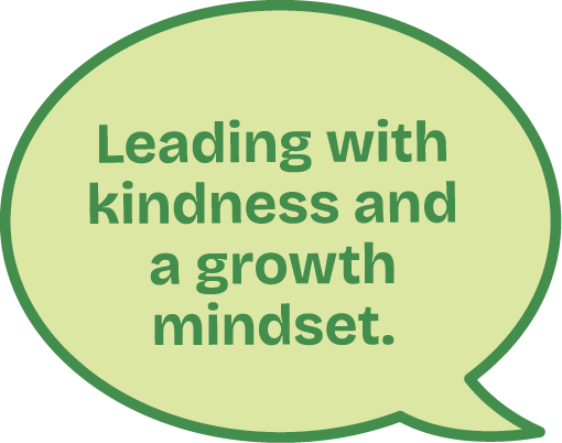 A green and white speech bubble with words.