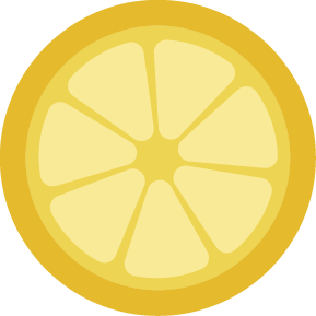A simple, flat illustration of a lemon slice shown from above, with yellow rind and eight inner segments.