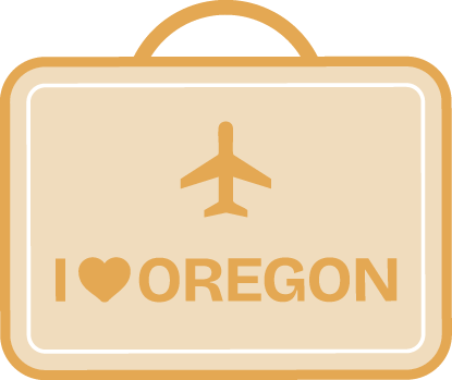 A tan suitcase illustration with a handle, featuring an airplane icon above the text "I ♥ OREGON" in bold capital letters.