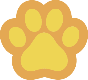 A simple illustration of a yellow paw print with an orange outline, showing four toes and a pad.