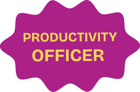 A purple starburst shape with yellow text in the center that reads "PRODUCTIVITY OFFICER" on a light gray background.
