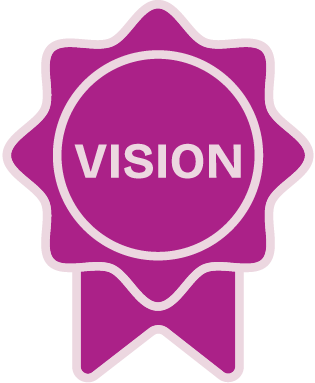 A purple ribbon badge with the word "VISION" in bold white letters at the center, symbolizing recognition or achievement related to vision or goals.