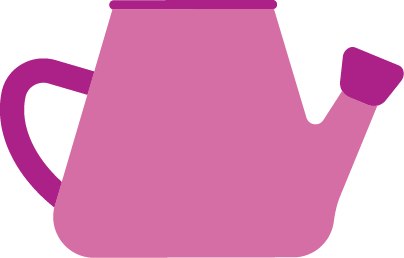 A simple, stylized illustration of a pink watering can with a purple handle and spout on a light background.