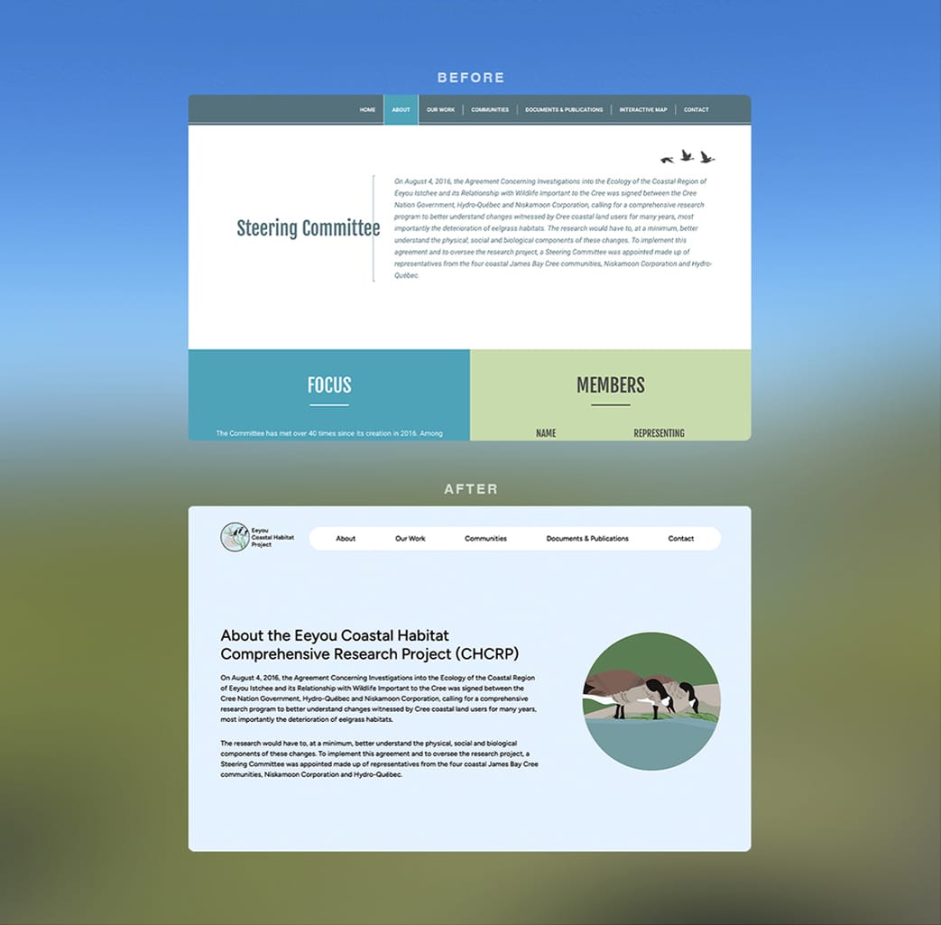 Comparaison "avant" et "après" la refonte d'un site web. La version "avant" a l'air d'une boîte avec des sections sarcelles et bleues, tandis que la version "après" a une présentation plus propre et moderne avec des images rondes et des couleurs plus douces.